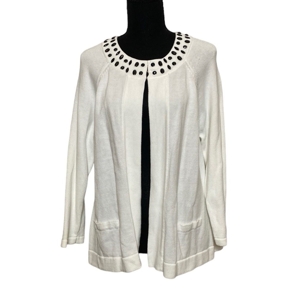 White Black Beaded Open Front Cardigan XL